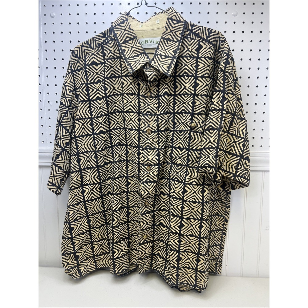 Orvis‎ Men's Tan & Black Geometric Button Up Camp Shirt  XXL